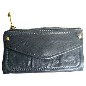 Fossil Navy Blue Pebbled Leather Bifold Zip Multi Pocket Wallet